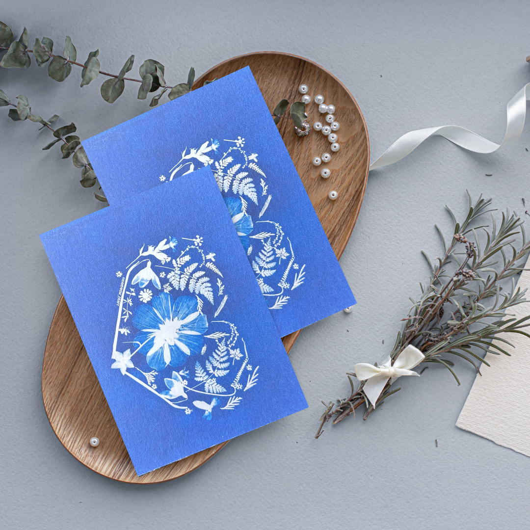 Floral Heart Cyanotype Postcard: botanical print