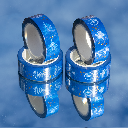 Washi Tape with Cyanotype Floral Prints and Gold Foil Sparkles