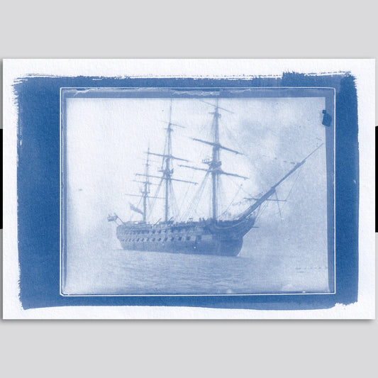 Three Rare photographs of War Ship HMS  Foudroyant (1798) printed with Cyanotype