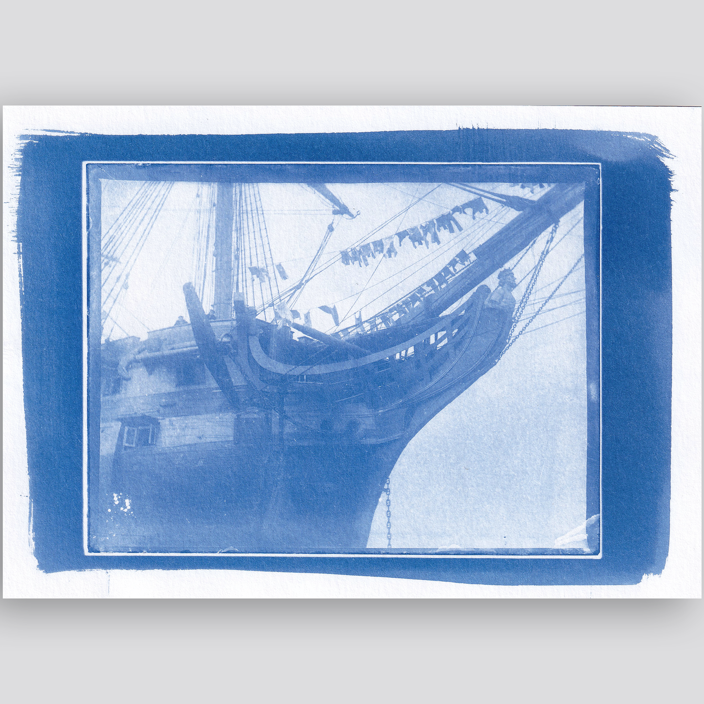 Three Rare photographs of War Ship HMS  Foudroyant (1798) printed with Cyanotype